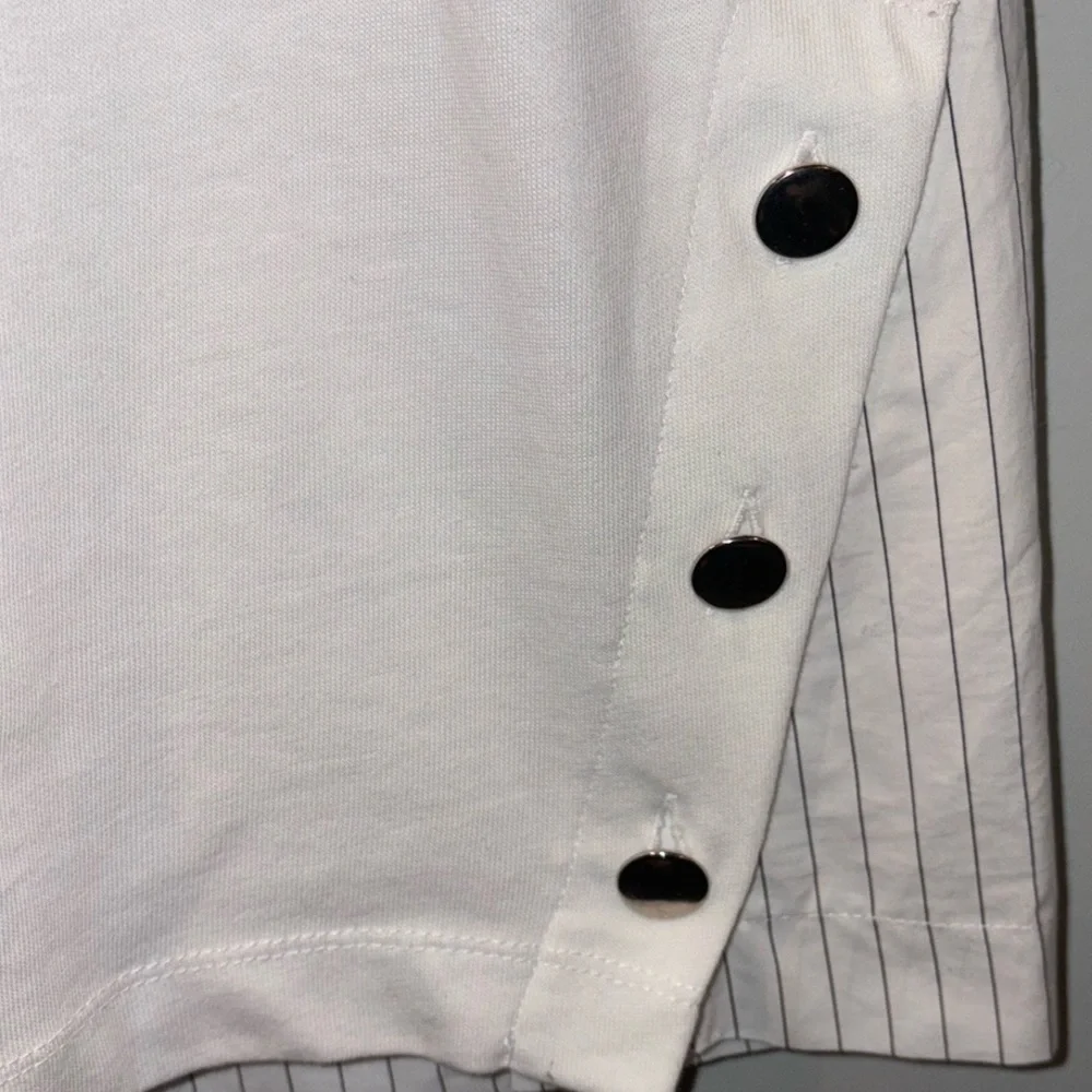 Zara NEW Cotton Poplin Stripe Side Button Vneck Tee Size Small Black/White - Picture 8 of 12